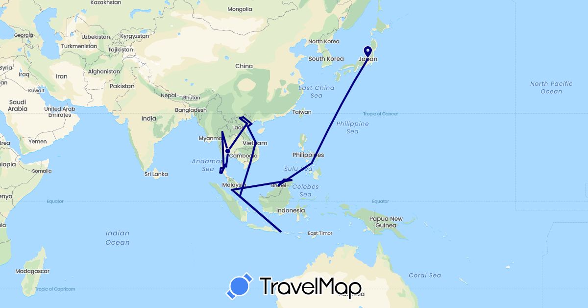 TravelMap itinerary: driving in Brunei, Indonesia, Japan, Malaysia, Philippines, Singapore, Thailand, Vietnam (Asia)